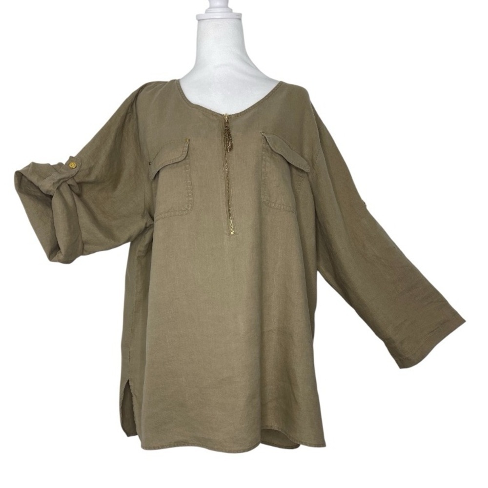 Ellen Tracy Tan Tunic Blouse Rolled Sleeves Pockets V Neck Zipper Linen XXL